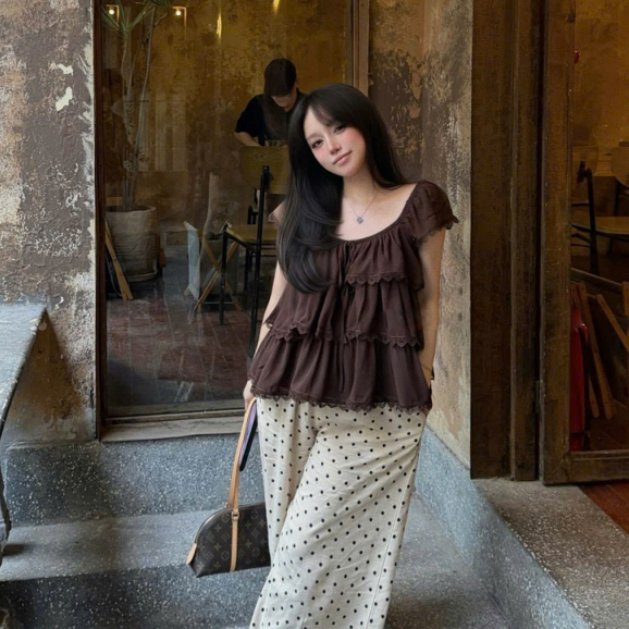 Áo tơ hai lớp chun vai nhiều màu dễ phối đồ, áo babydoll kiểu dáng basic LABEL A141