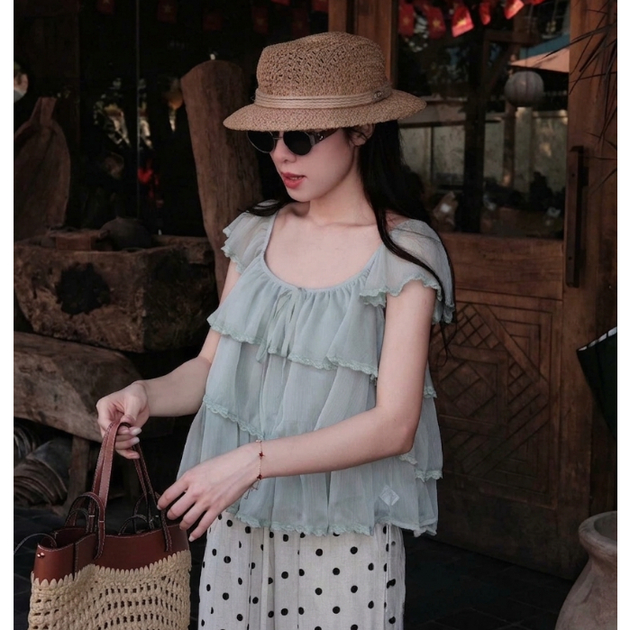 Áo tơ hai lớp chun vai nhiều màu dễ phối đồ, áo babydoll kiểu dáng basic LABEL A141
