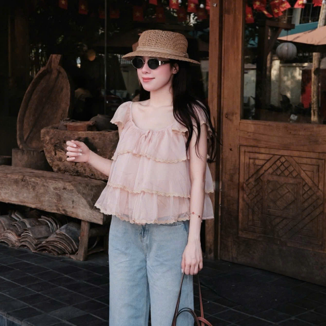 Áo tơ hai lớp chun vai nhiều màu dễ phối đồ, áo babydoll kiểu dáng basic LABEL A141