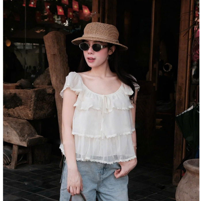 Áo tơ hai lớp chun vai nhiều màu dễ phối đồ, áo babydoll kiểu dáng basic LABEL A141