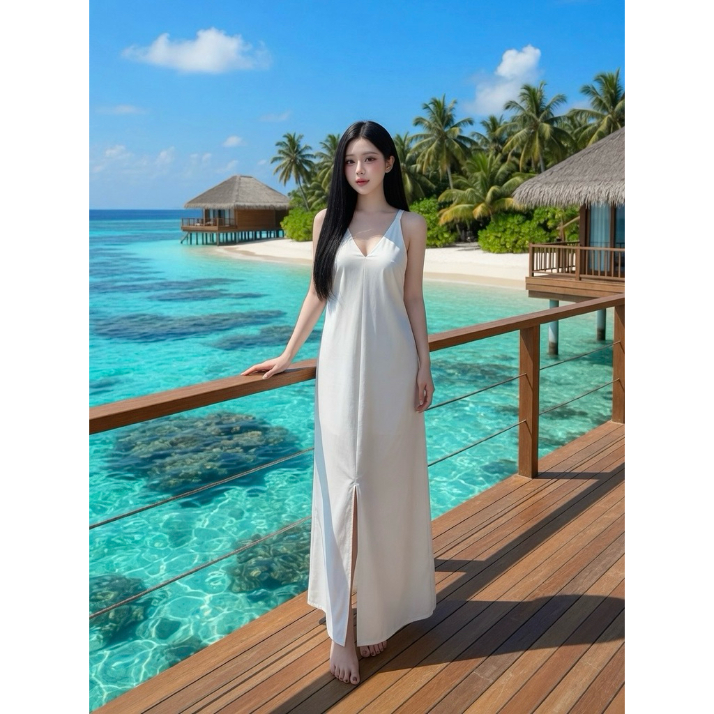 Đầm linen 2dây dáng dài xẻ trước suông nhẹ đi biển đi chơi nhẹ nhàng thoáng mát