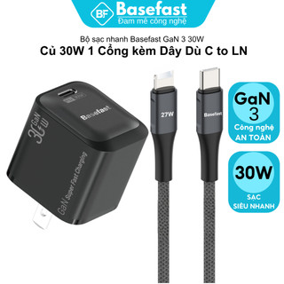Bộ Sạc Nhanh 30W Basefast GaN B36 Củ Sạc Mini Kèm Cáp Dù Chống Gãy Cho X/11/12/13/14 Series