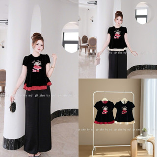 Áo nhung the cộc tay lót lụa cổ tròn thêu hình cô bé cạnh con mèo