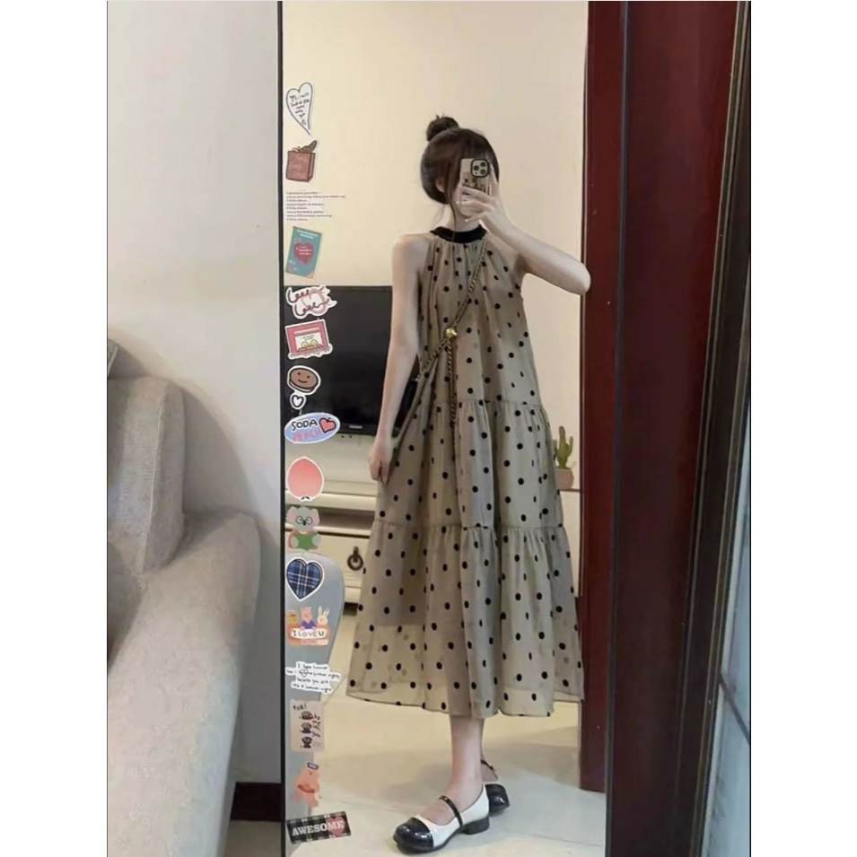 Váy Cổ Yếm Chấm Bi Dáng Dài, Đầm Maxi 3 Tầng Họa Tiết Polka Dot Đi Biển Dạo Phố Xinh Xắn Élan Sweet