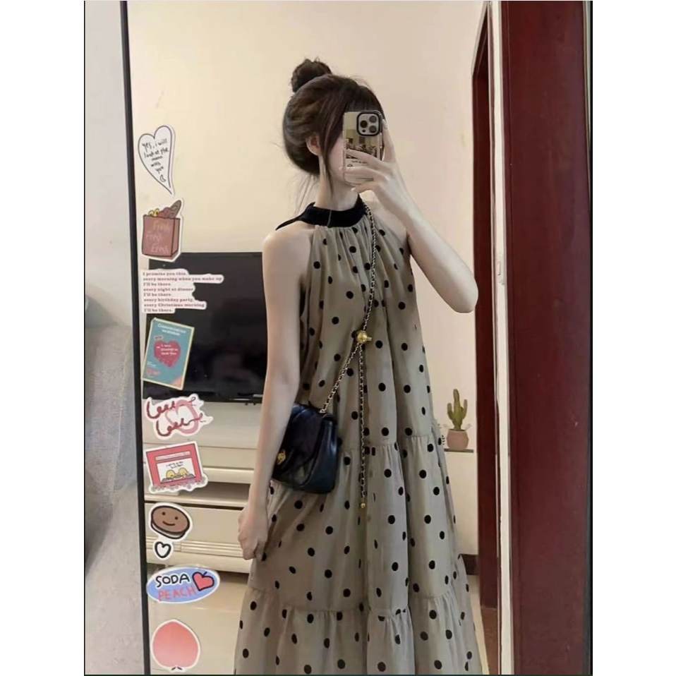 Váy Cổ Yếm Chấm Bi Dáng Dài, Đầm Maxi 3 Tầng Họa Tiết Polka Dot Đi Biển Dạo Phố Xinh Xắn Élan Sweet