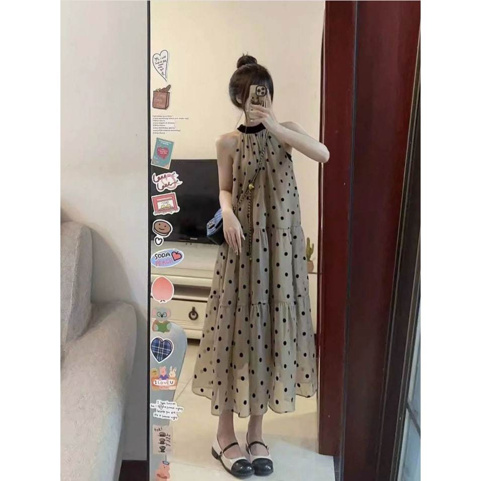 Váy Cổ Yếm Chấm Bi Dáng Dài, Đầm Maxi 3 Tầng Họa Tiết Polka Dot Đi Biển Dạo Phố Xinh Xắn Élan Sweet