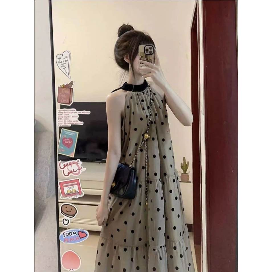 Váy Cổ Yếm Chấm Bi Dáng Dài, Đầm Maxi 3 Tầng Họa Tiết Polka Dot Đi Biển Dạo Phố Xinh Xắn Élan Sweet