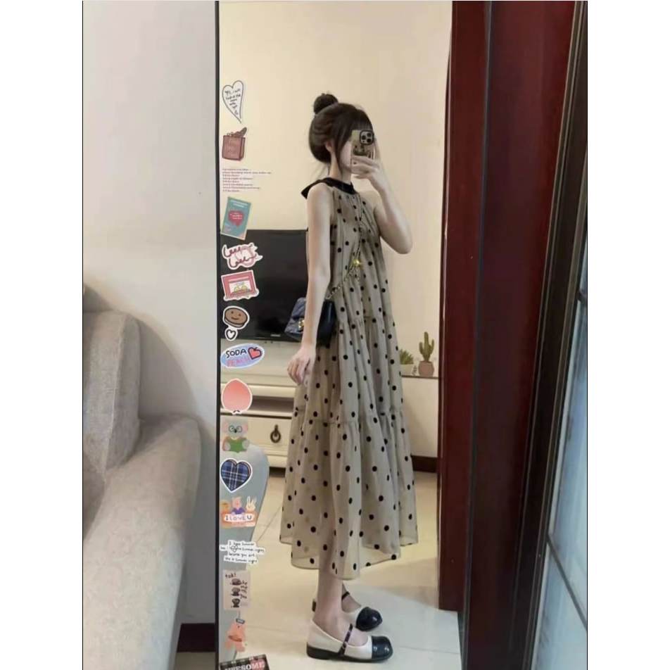 Váy Cổ Yếm Chấm Bi Dáng Dài, Đầm Maxi 3 Tầng Họa Tiết Polka Dot Đi Biển Dạo Phố Xinh Xắn Élan Sweet