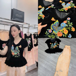 Áo nhung the cổ V cộc tay khâu bướm thêu hoa dáng peplum