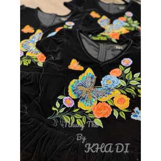 Áo nhung the cổ V cộc tay khâu bướm thêu hoa dáng peplum