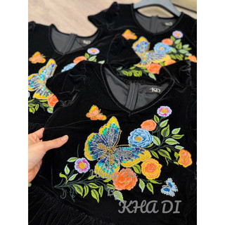 Áo nhung the cổ V cộc tay khâu bướm thêu hoa dáng peplum
