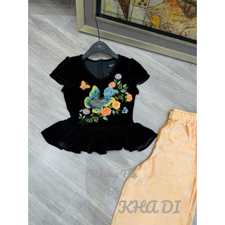 Áo nhung the cổ V cộc tay khâu bướm thêu hoa dáng peplum