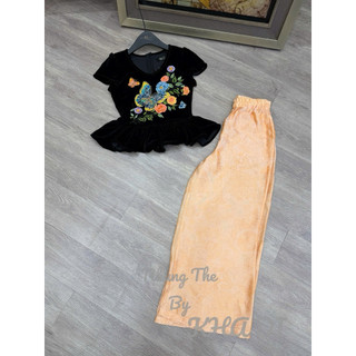 Áo nhung the cổ V cộc tay khâu bướm thêu hoa dáng peplum