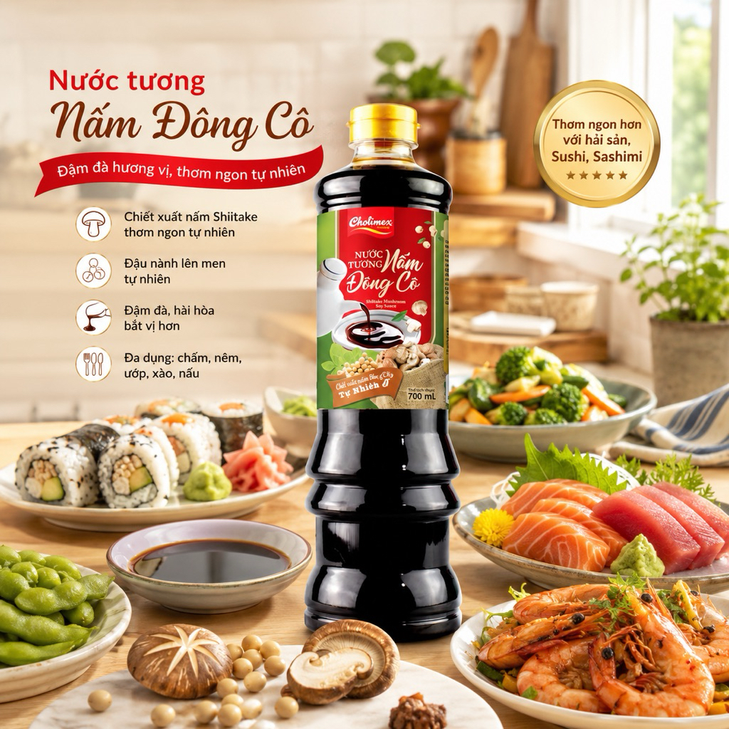 Nước tương Nấm Đông cô Cholimex chai 700ml - Đậm đà vị nấm, chuyên dùng chấm hải sản, sashimi