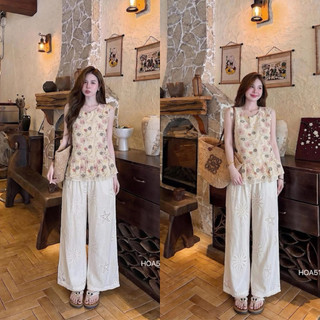 LOU BAE| Set Đồ Nữ Chất Thô Gồm Áo Ba Lỗ Hoa Kèm Quần Xuông
