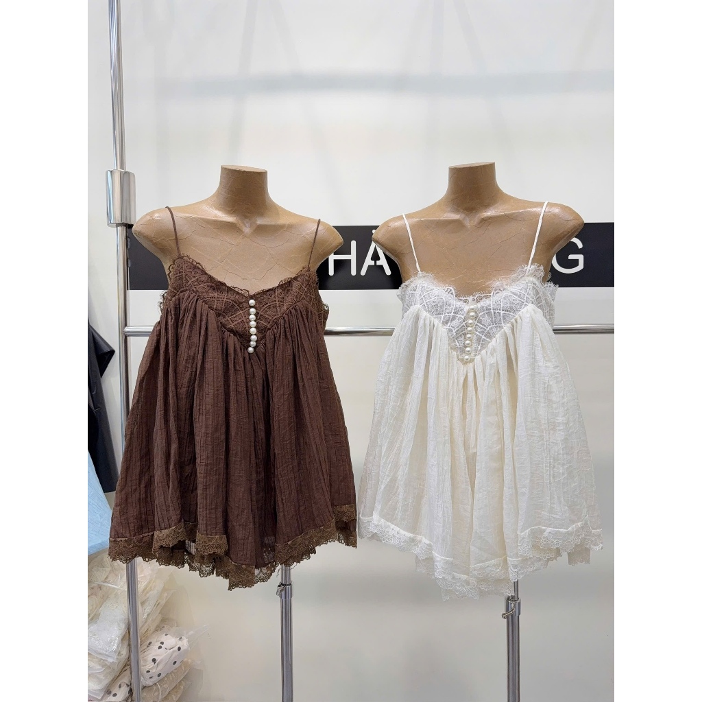 Set Áo 2 Dây Babydoll Phối Ren Đính Ngọc Trai Kèm Chân Váy, Set Đồ Nữ Vải Xô Nhăn Dáng Xòe Tiểu Thư CHAMIE STUDIO