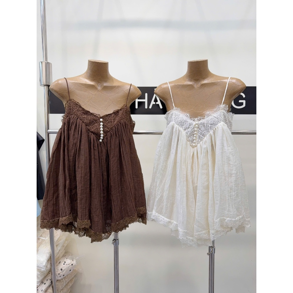 Set Áo 2 Dây Babydoll Phối Ren Đính Ngọc Trai Kèm Chân Váy, Set Đồ Nữ Vải Xô Nhăn Dáng Xòe Tiểu Thư CHAMIE STUDIO