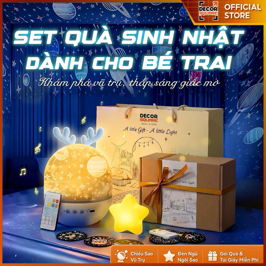 Set Combo Quà Tặng Cho Bé Trai Decor Square - Đèn Chiếu Sao & Đèn Ngủ Mini (Kèm Hộp Quà + Túi Giấy)