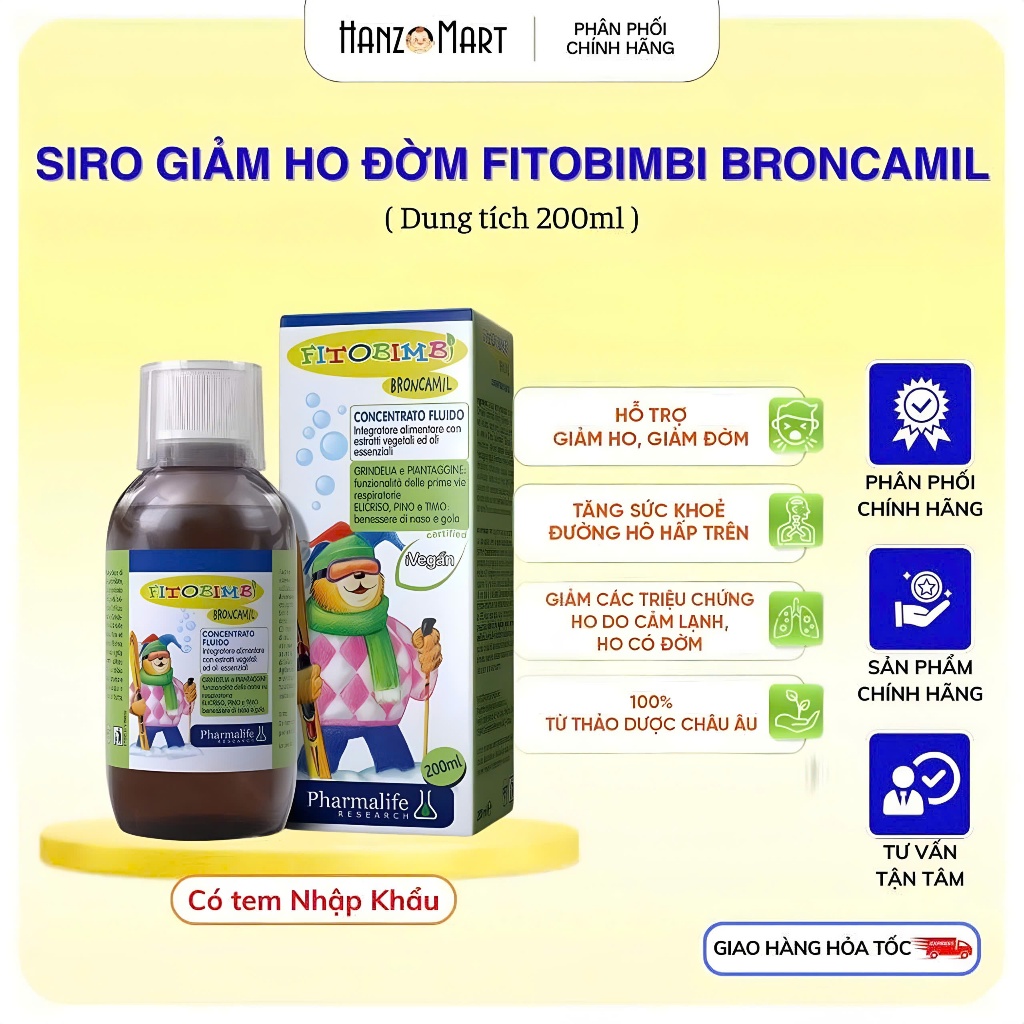 Siro Fitobimbi Broncamil Giúp Bé Giảm Ho, Viêm Họng, Loãng Đờm, Tăng Miễn Dịch Ở Trẻ Nhỏ Chai 200ml