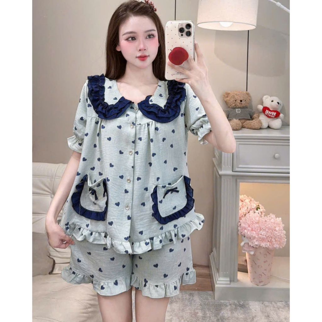 [Có Bigsize 40- 67kg] Sét bộ pyjama bèo 3 nơ, chất đũi vân mây mềm mát TN01