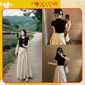 Set Áo Đen Bo Zip Ngắn Tay Mix Chân Váy Đũi Sần Xèo Dài Đi Chơi ,Du Lịch Đều Xinh