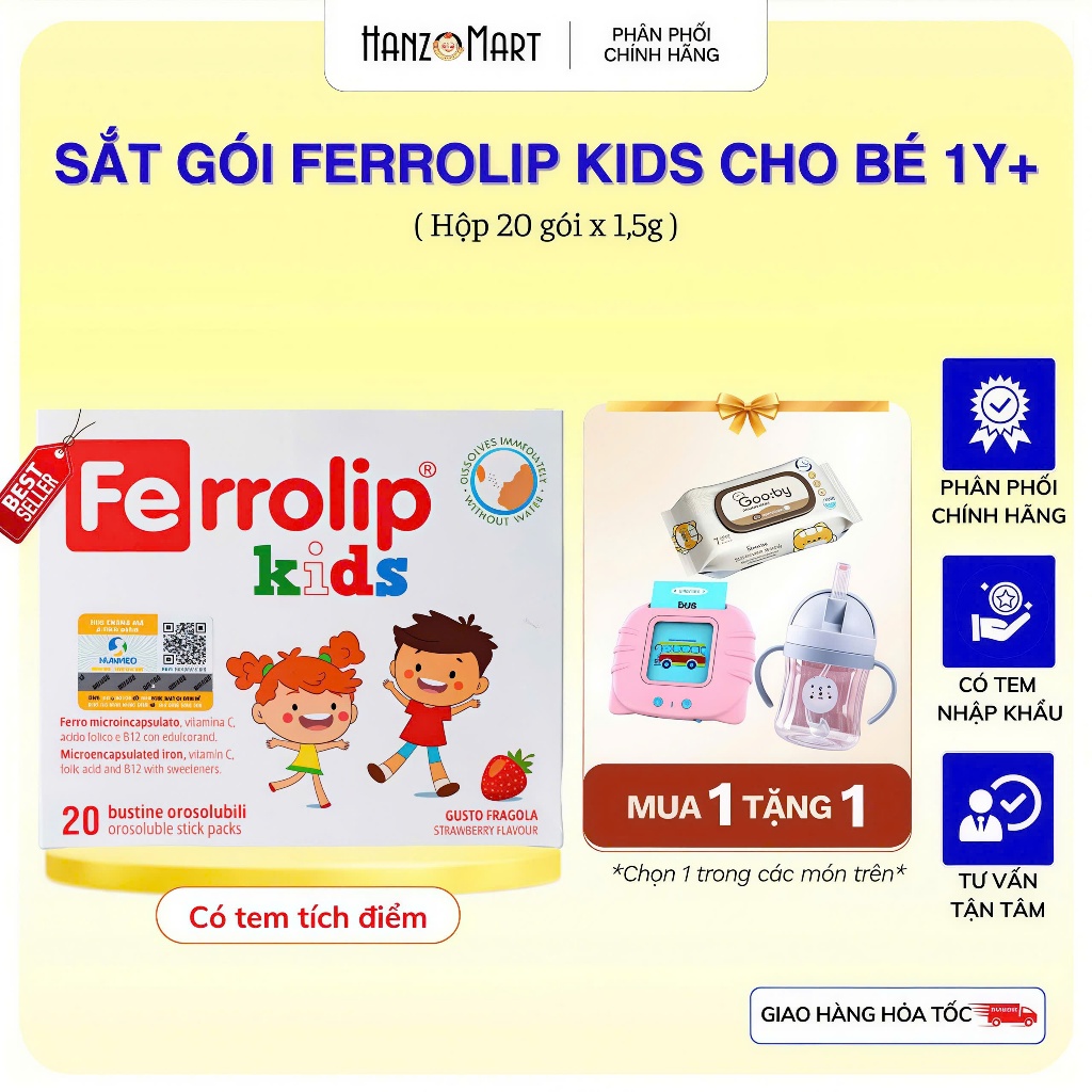 Sắt ferrolip kids sinh học Bổ Sung Sắt Dạng Liposome Vitamin Dễ Hấp Thu Không Tanh Vị Dâu Hộp 20 Gói