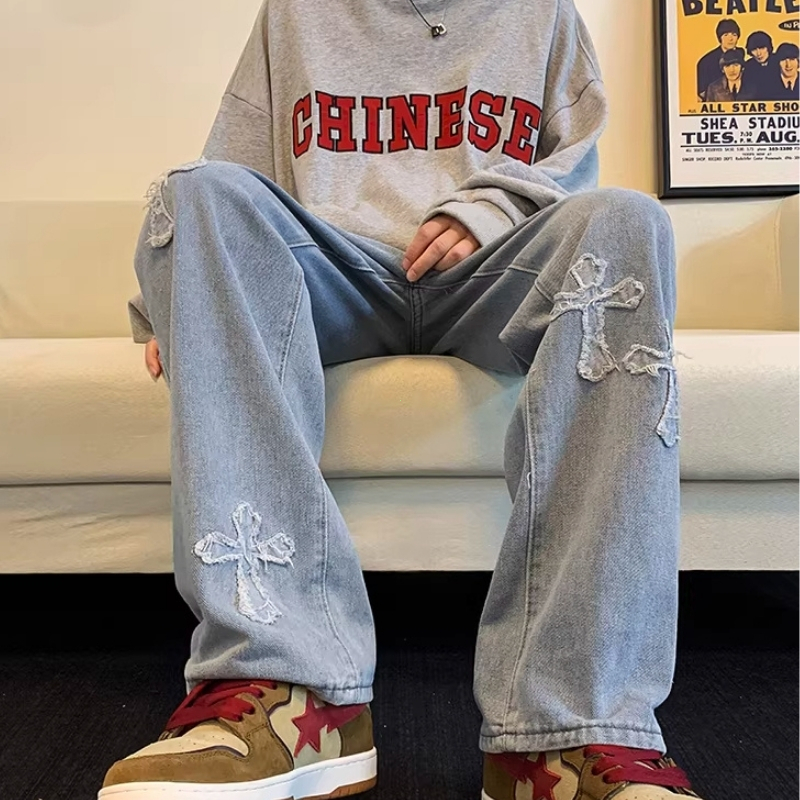 Quần jean ống thẳng rộng nam nữ phong cách American Streetwear thiết kế vá thêu hình thập tự kiểu thời trang cá tính xám