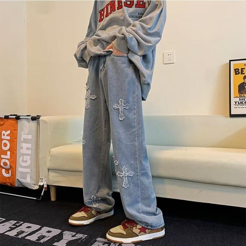 Quần jean ống thẳng rộng nam nữ phong cách American Streetwear thiết kế vá thêu hình thập tự kiểu thời trang cá tính xám