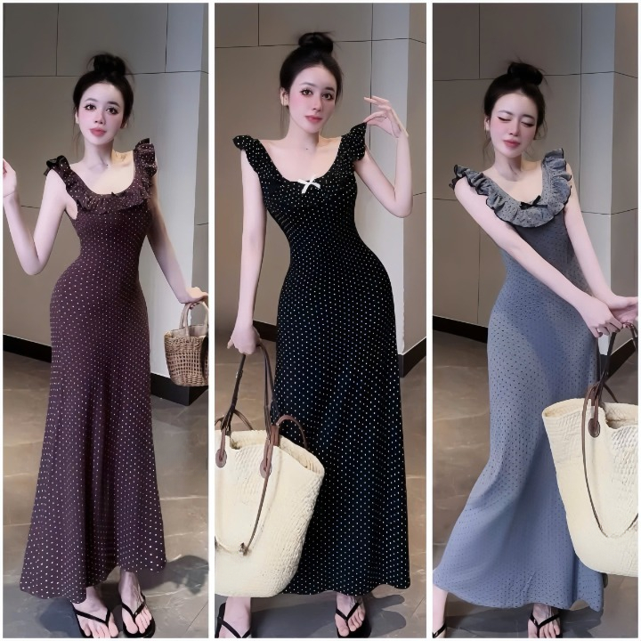 Đầm dài cổ bèo cánh tiên đính nơ chấm bi ,chất thun tăm thời trang