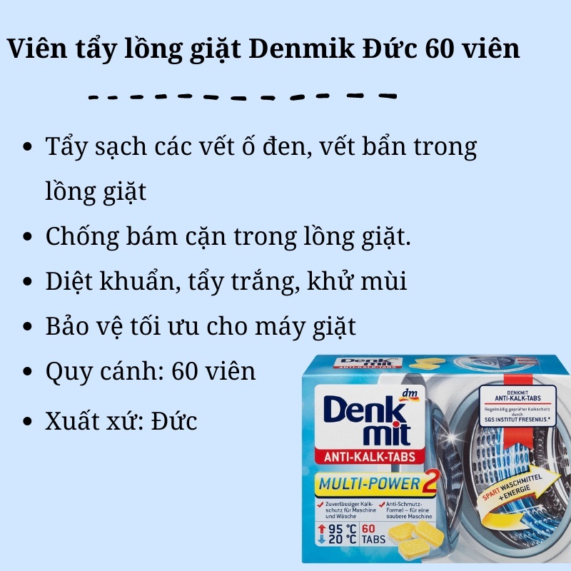 Viên tẩy lồng giặt Denkmit Đức 60 viên – Khử mùi, Diệt khuẩn, Bảo vệ máy giặt