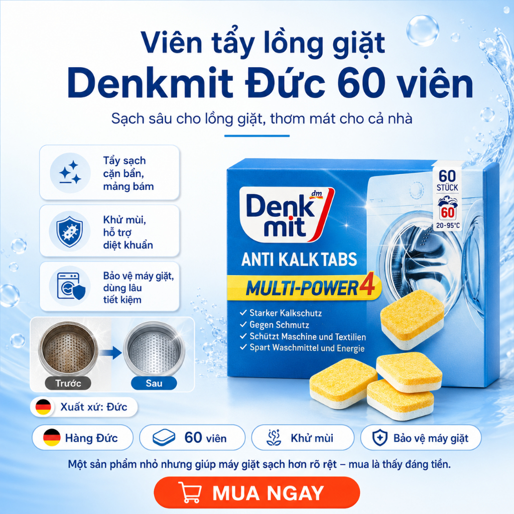 Viên tẩy lồng giặt Denkmit Đức 60 viên – Khử mùi, Diệt khuẩn, Bảo vệ máy giặt