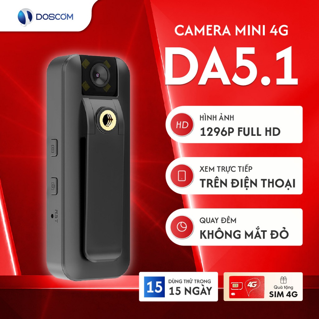Camera 4G cài áo DOSCOM DA5.1 góc xoay 180° siêu rộng, quay đêm hồng ngoại hình ảnh rõ nét