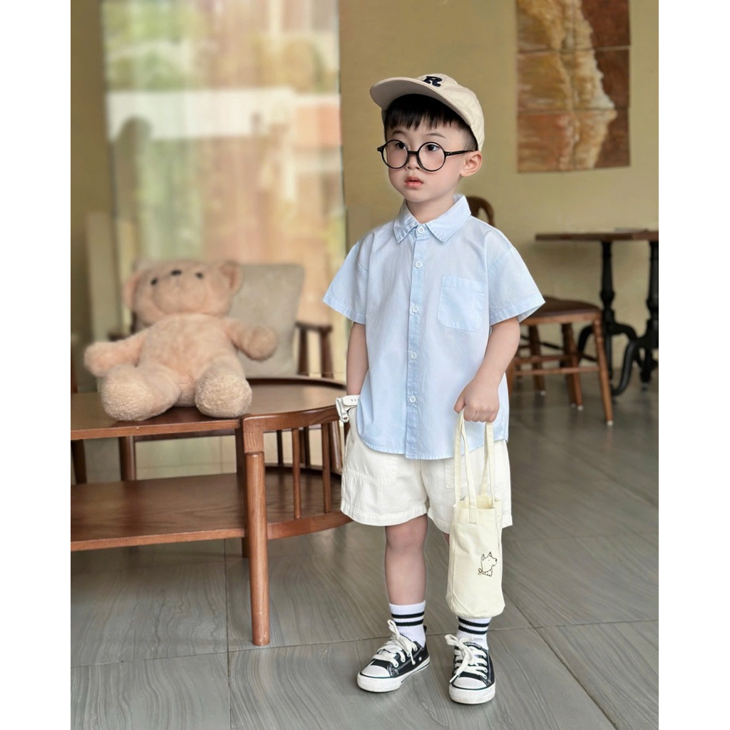 Áo sơ mi trơn màu sắc Beermi phối túi chất liệu thô lụa thoáng mát mềm mịn cho bé 9-28kg