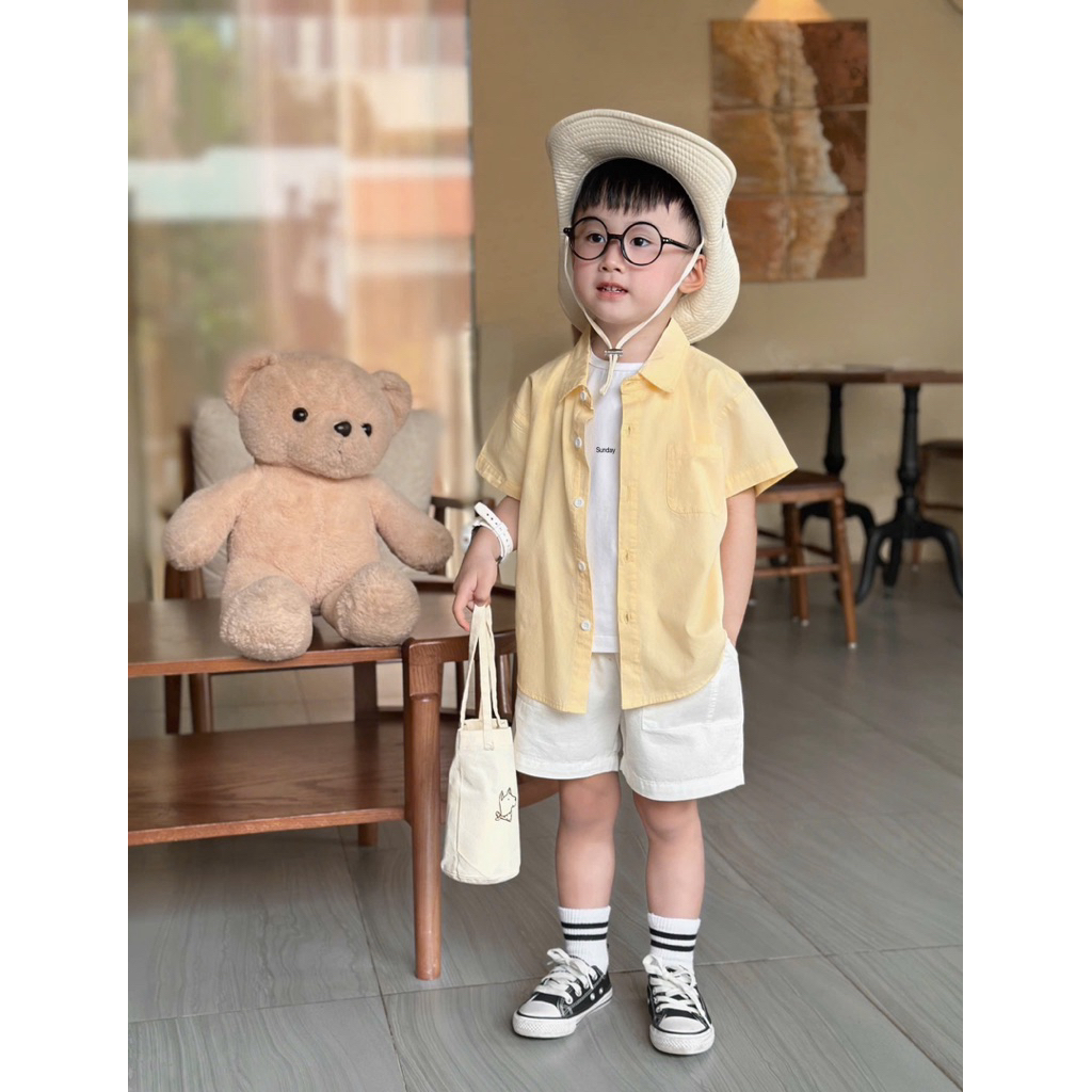 Áo sơ mi trơn màu sắc Beermi phối túi chất liệu thô lụa thoáng mát mềm mịn cho bé 9-28kg