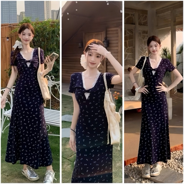 Đầm hoa nhí tay ngắn dáng dài ,chất thun tăm thời trang