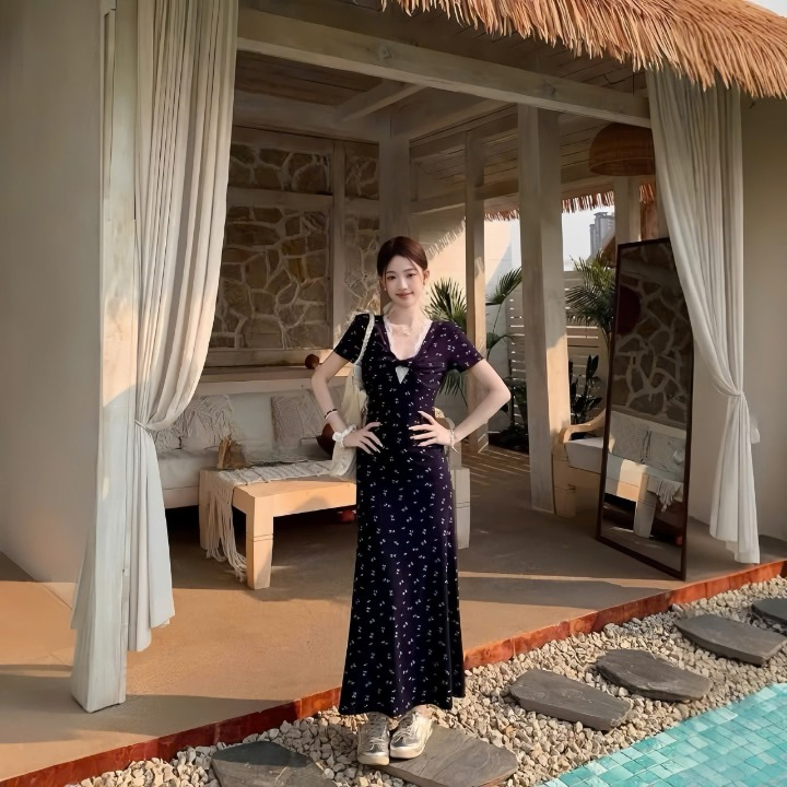 Đầm hoa nhí tay ngắn dáng dài ,chất thun tăm thời trang