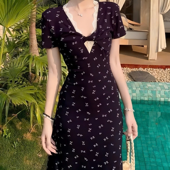 Đầm hoa nhí tay ngắn dáng dài ,chất thun tăm thời trang