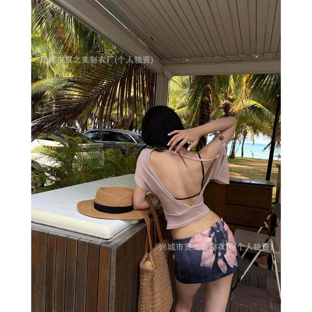 [Sẵn] 2Soonsumff Set bikini 3 mảnh áo lót buộc dây kèm áo giấy trễ vai, chân váy ngắn hoa lan sexy phong cách cho nữ
