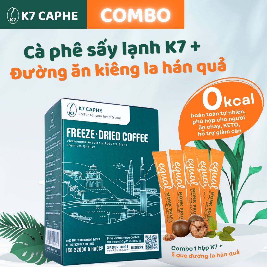 [COMBO] Cà phê sấy lạnh K7 Đường ăn kiêng la hán quả - Cà phê thơm, Vị ngọt thanh mát, 0 Calo, Tỉnh táo không ép tim