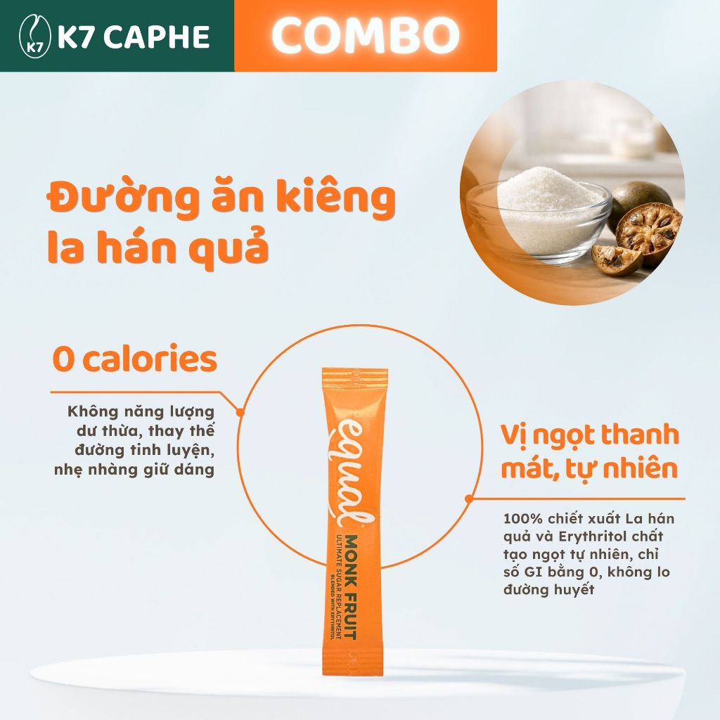 [COMBO] Cà phê sấy lạnh K7 Đường ăn kiêng la hán quả - Cà phê thơm, Vị ngọt thanh mát, 0 Calo, Tỉnh táo không ép tim