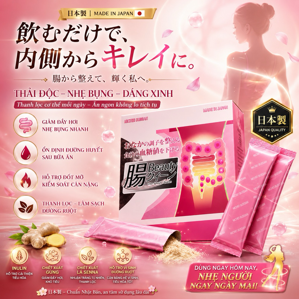 Gói uống Intestines Beauty Queen Nhật Bản- Men Inulin & Psyllium chất xơ tốt cho hệ đường ruột-Hộp 30gói