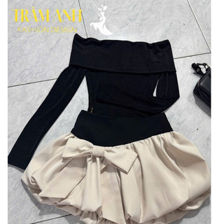 set đồ nữ-áo váy trễ vai tay dài, chân váy xòe cạp cao-đi chơi-đi làm-đi tiệc dễ thương-sang chảnh