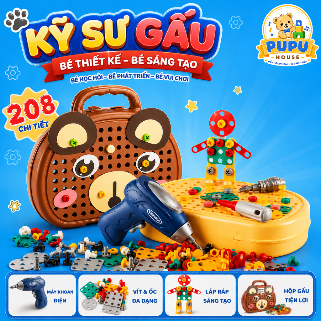 Bộ Đồ Chơi Kỹ Sư Lắp Ráp Đồ Chơi Kĩ Sư Gấu kèm Khoan Điện Đồ Chơi Vặn Ốc Vít  Cho Bé Từ 3 Tuổi - PUPU HOUSE