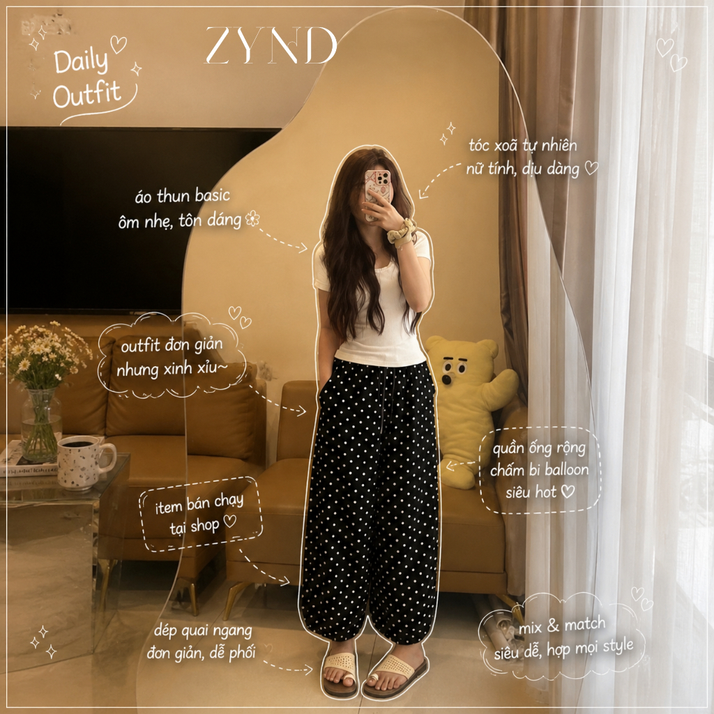 [HOT]QUẦN ĐŨI CHẤM BI ZYND - Quần chấm bi cạp chun ống rộng, item hot hit cho mùa hè, đi chơi đi làm cực xink - DĐ-M016