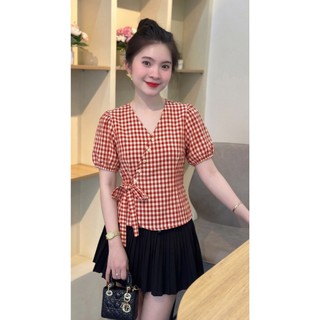 Áo kẻ ca rô buộc nơ eo , chất liệu mềm mại thoáng mát, phù hợp đi làm đi chơi  với 2 màu nổi bật H1