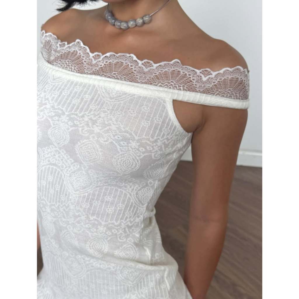 [Sẵn hàng] ONESOON Đầm họa tiết ôm body dáng ngắn trễ vai phối ren sexy cho nữ, đầm di biển gợi cảm phong cách