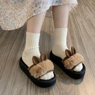 Dép Nữ IGU quai ngang bản lông thỏ  xinh xắn cao 5cm và loại 2cm nhẹ chân may quai sẵn da mềm thoải mái