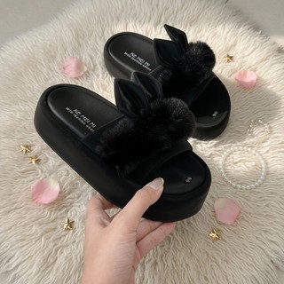 Dép Nữ IGU quai ngang bản lông thỏ  xinh xắn cao 5cm và loại 2cm nhẹ chân may quai sẵn da mềm thoải mái