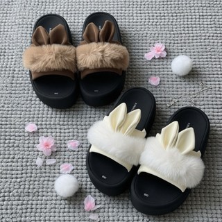 Dép Nữ IGU quai ngang bản lông thỏ  xinh xắn cao 5cm và loại 2cm nhẹ chân may quai sẵn da mềm thoải mái