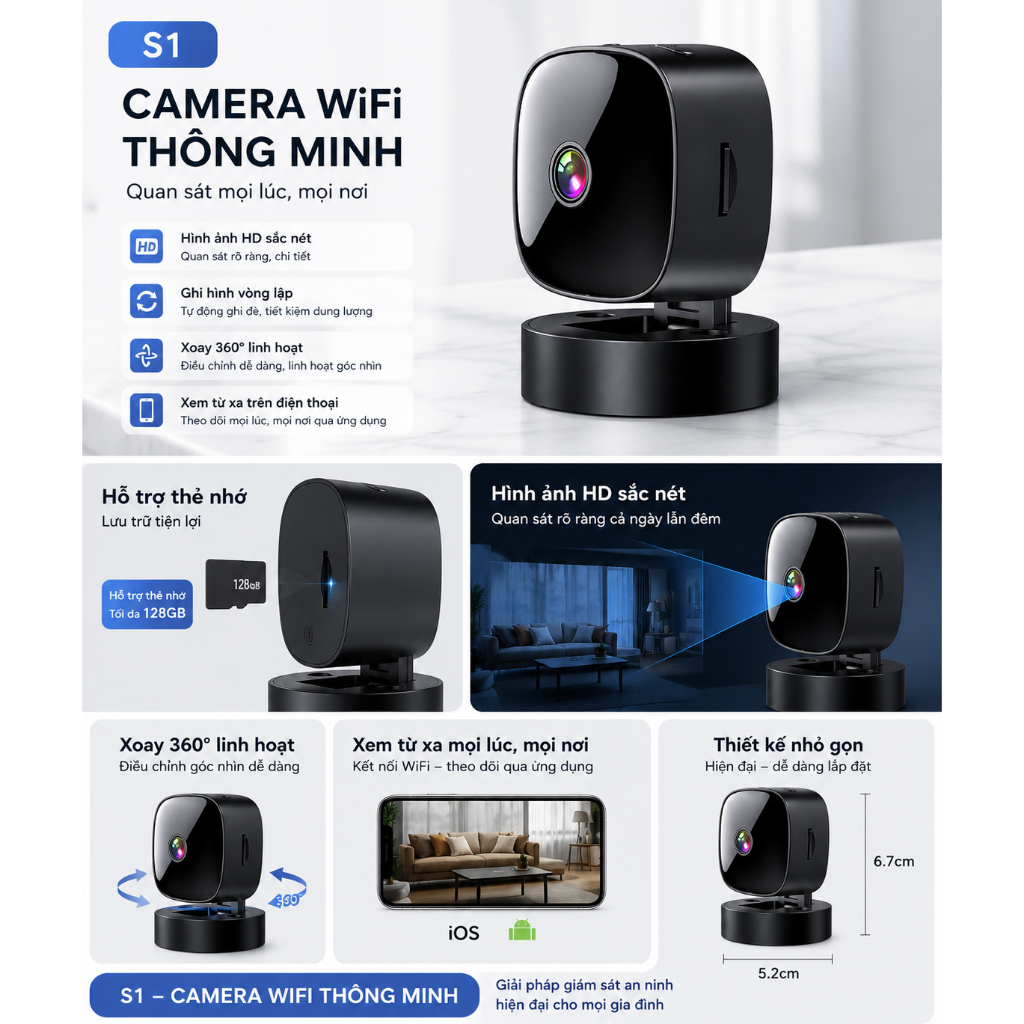 Camera Giám Sát Mini S1 HD 1080P – Nhỏ Gọn, Xem Từ Xa Qua Điện Thoại, Phù Hợp Gia Đình/Cửa Hàng